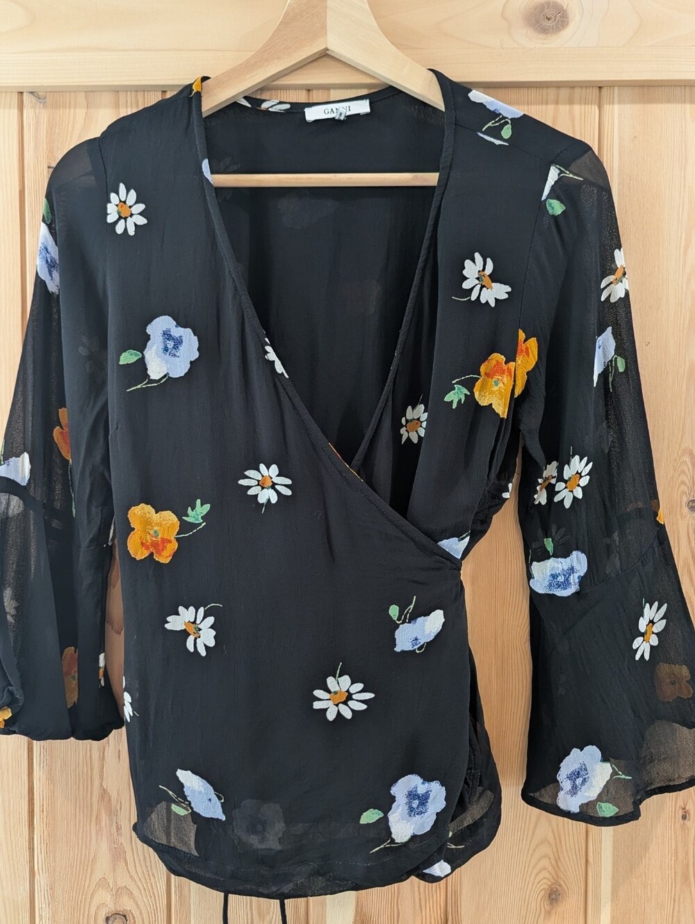 Ganni Black Floral Wrap Blouse with Bell Sleeves - Picture 2 of 7
